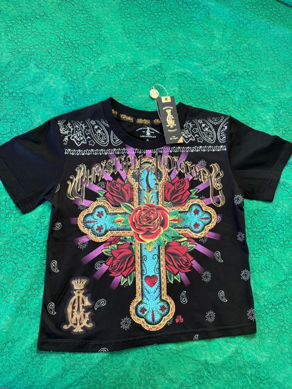 Christian Audigier Black Tee with Colorful Cross & Red Roses